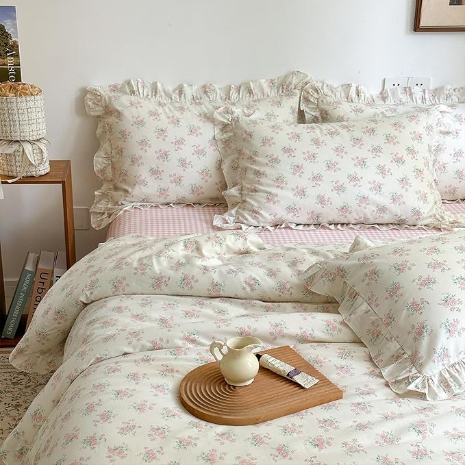 mixinni Pink Floral Duvet Cover Set Twin Size by mixinni