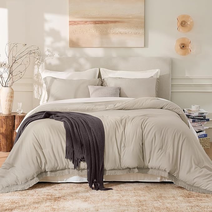Andency Oatmeal Comforter Set King Size, 3 Pieces Boho Tassel Lightweight - Image 2