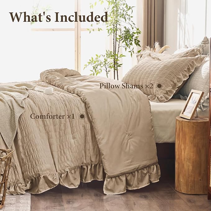 JOLLYVOGUE Full Size Comforter, 3 Pieces Khaki Seersucker Lightweight Full Size - Image 7