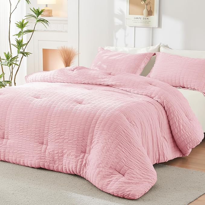 HYMOKEGE Pink/Ivory Twin XL Comforter Set Seersucker 5 Pieces, All Season - Image 7