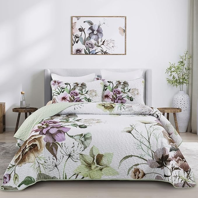 Floral Quilt Set Queen 3 Pieces Boho Green Quilt Coverlet Set Soft Microfiber by DRUCON
