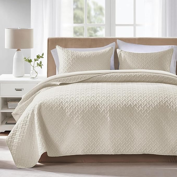 FLYMME Quilts Queen Size, Lightweight Cream Bedspreads, Basket Weave Pattern by FLYMME