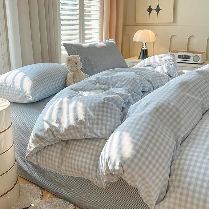 mixinni Light Blue Gingham Duvet Cover Set Full Size - Image 2