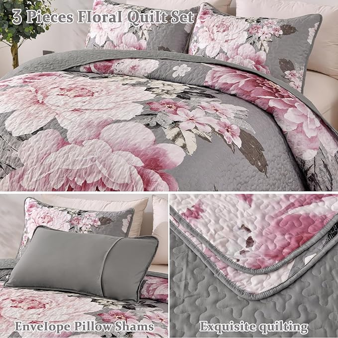 WONGS BEDDING Floral Quilt Set King, 3 Pieces Reversible Elegant Pink Flower - Image 5