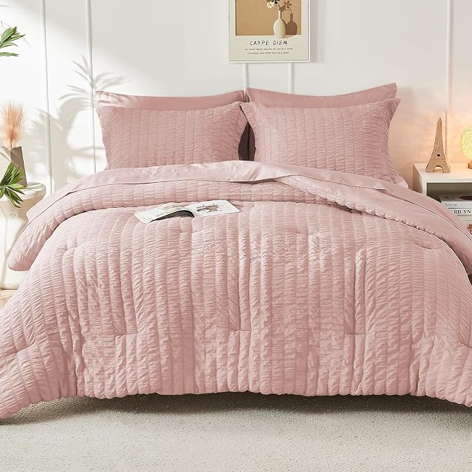 HYMOKEGE Rose Gold Full Size Comforter Sets Seersucker 7 Pieces, All Season - Image 9