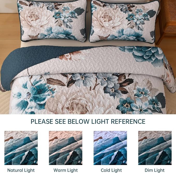 WONGS BEDDING Floral Quilt Set Aqua Queen, Quilted Printed Lightweight - Image 8