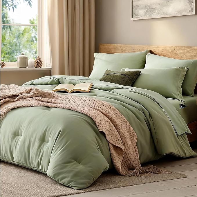 WRENSONGE Oversize King Size Comforter Set- 7 Pieces Sage Green Bed in a Bag by WRENSONGE