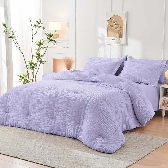 HYMOKEGE Light Purple Queen Comforter Set Seersucker 7 Pieces, All Season - Image 8
