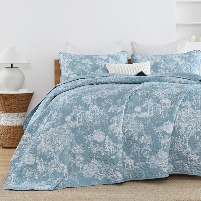 WONGS BEDDING Botanical Quilt Set Queen Size, Aqua 3 Pieces Toile Floral Plants - Image 4