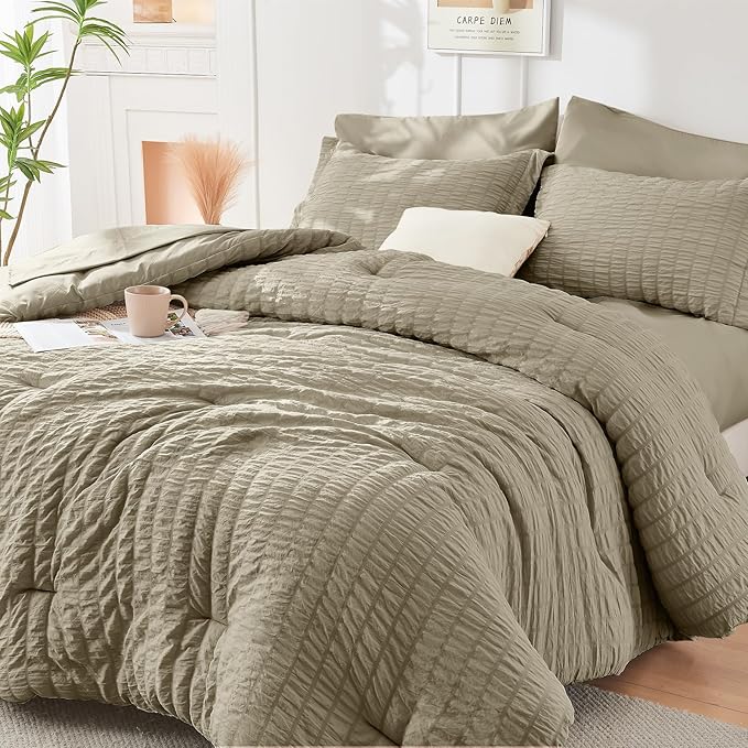 HYMOKEGE Linen Twin Comforter Set Seersucker 5 Pieces, All Season Luxury Bed in by HYMOKEGE