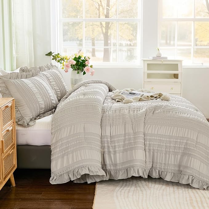 WONGS BEDDING Grey Textured Comforter Set Queen, 3 Pieces Ruffle Farmhouse - Image 3