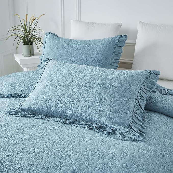 Brandream Luxury 100% Cotton Quilt Set King Size Blue Floral Vine Matelasse - Image 8