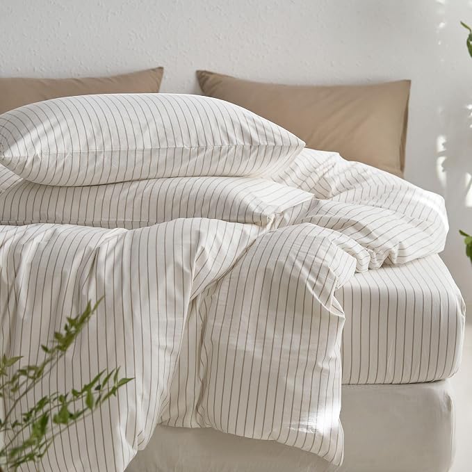MooMee Striped Duvet Cover Set 100% Washed Cotton Linen Like Textured - Image 6