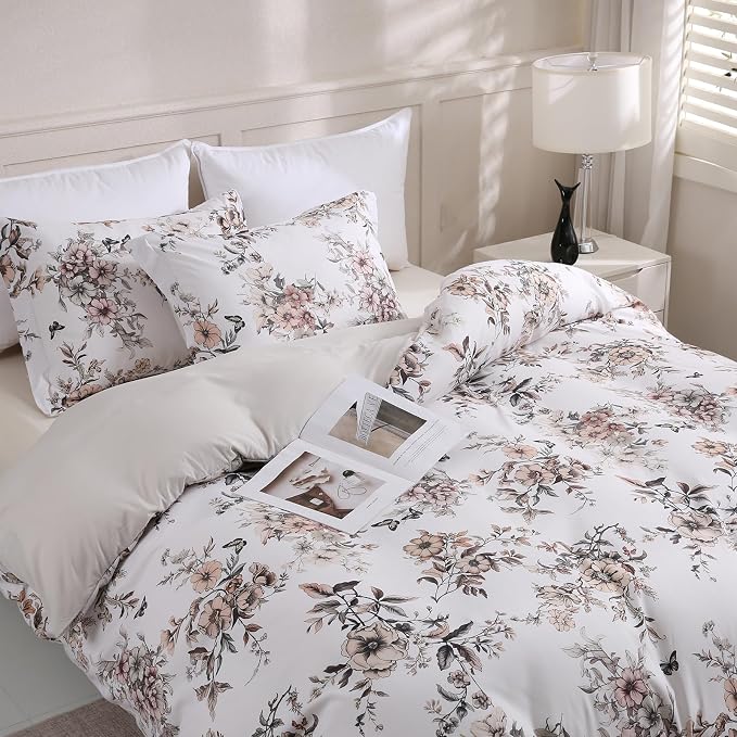LONAVA King Floral 3 Pcs Duvet Cover Set, Breathable Soft Microfiber Light Grey - Image 8