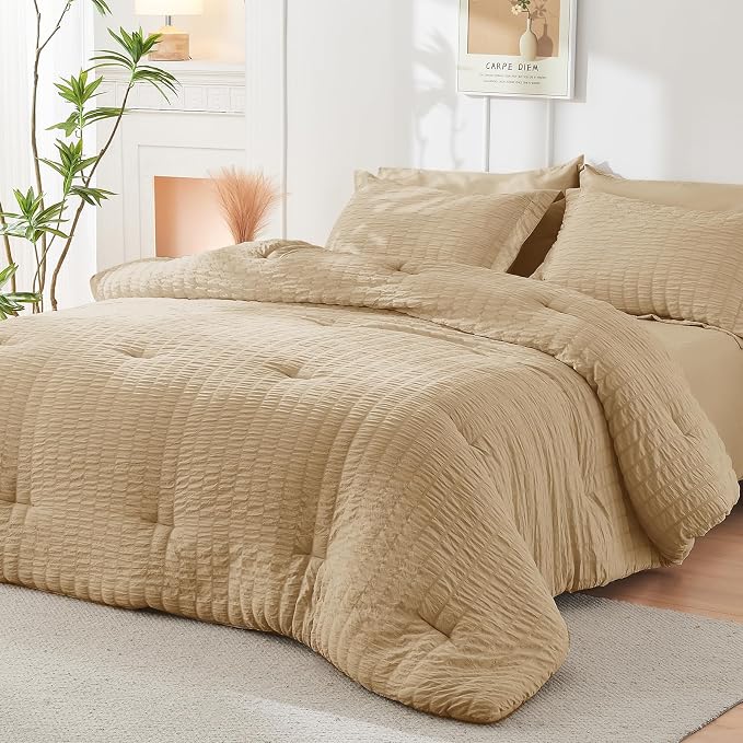 HYMOKEGE Khaki Twin XL Comforter Set Seersucker 5 Pieces, All Season Luxury Bed - Image 8