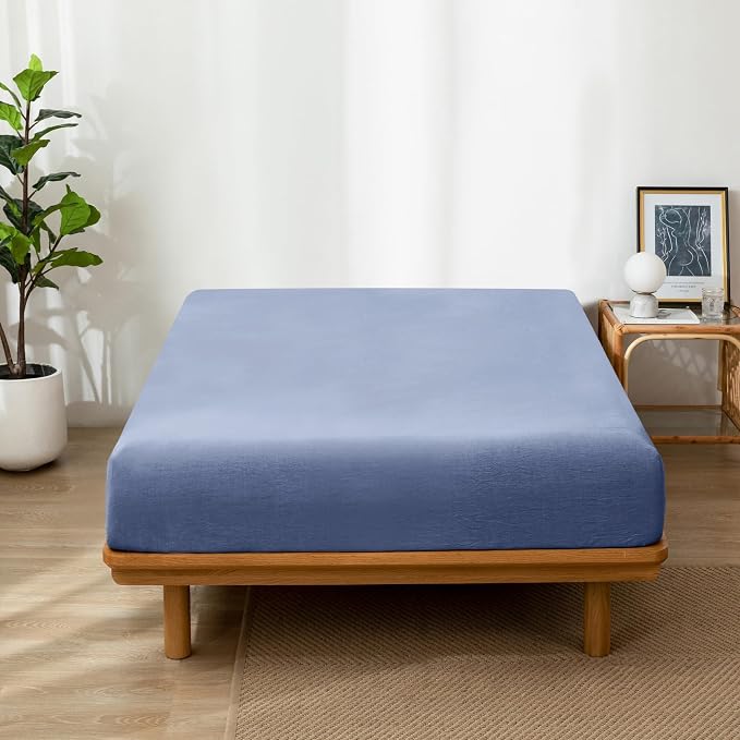 MooMee Fitted Bottom Sheet Only 100% Washed Cotton Linen Like Textured - Image 3
