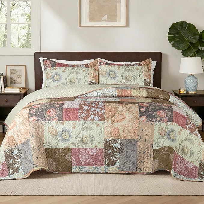 Whale Flotilla Patchwork Quilt King Size, Soft Boho Floral Bedspreads by WHALEFLOTILLA