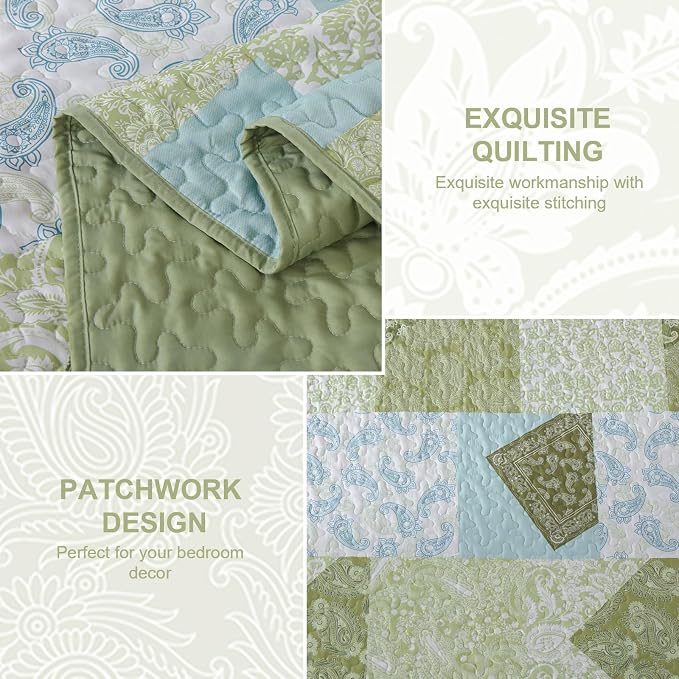 Mybedsoul Patchwork Quilt King Size, Soft Sage Green Paisley Floral King - Image 4