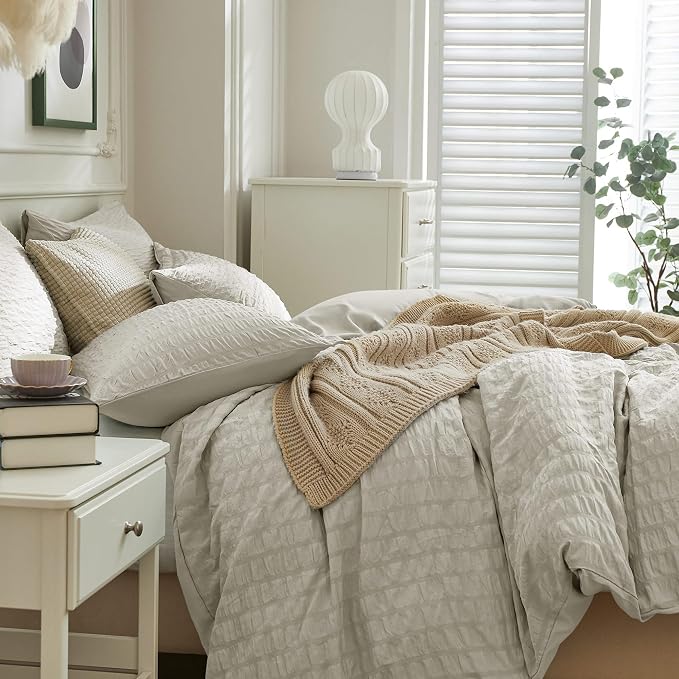 JELLYMONI Beige Duvet Cover Queen Size, Soft Breathable Seersucker Duvet Cover - Image 7