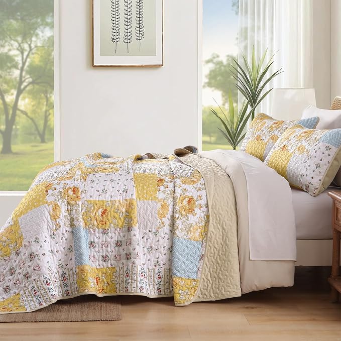 Anibedding Yellow Patchwork Quilt Set Queen Size Boho Floral Plaid Bedspread - Image 3