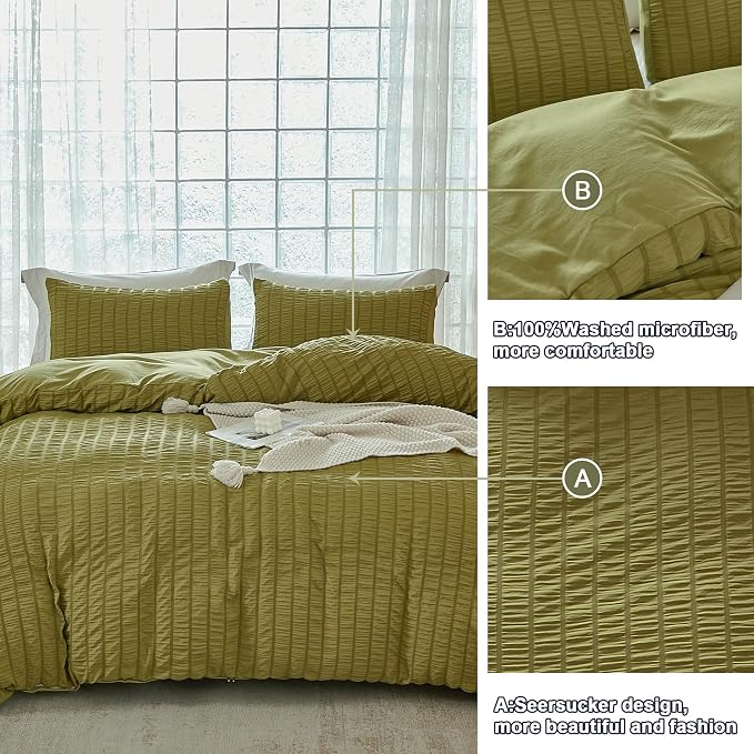 AveLom Olive Green Seersucker Duvet Cover Set King Size, 3 Pieces, Ultra Soft - Image 7