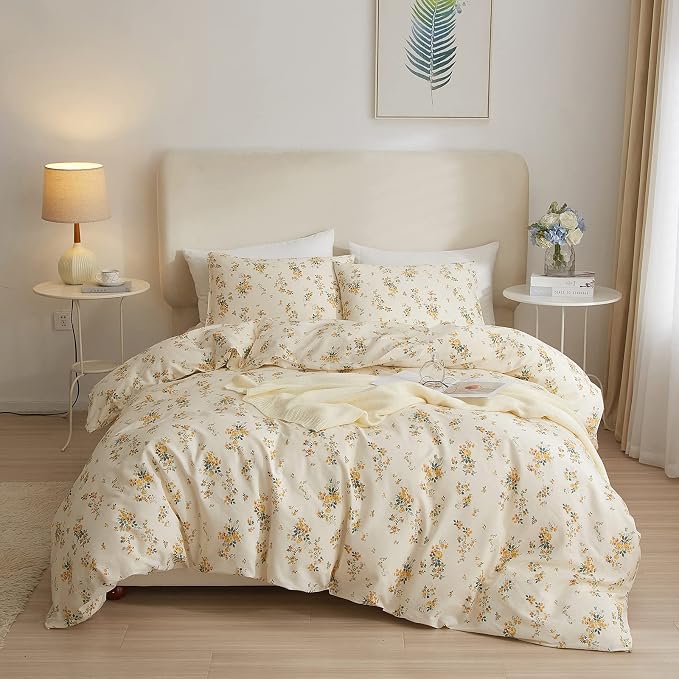 mixinni Aesthetic Floral Duvet Cover Set Twin XL Size, Farmhouse Boho Yellow by mixinni