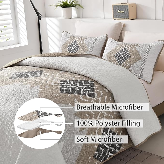 Dintszyayue Brown Boho Quilt Set King, 3 Pieces Aztec Texture Quilt - Image 3