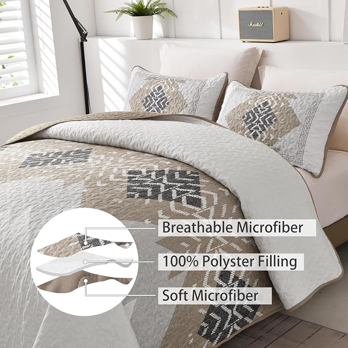 Dintszyayue Full Size Quilt Set Boho, 3 Piece Khaki Aztec Texture Bedspread - Image 3