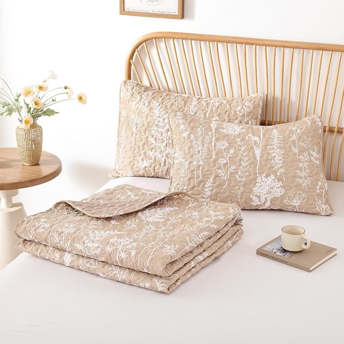 JANZAA Quilts Queen Size Taupe Quilt Botanical - Image 9