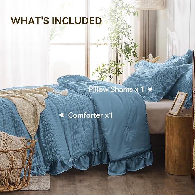 JOLLYVOGUE Twin Size Comforter Set, 2 Pieces Sea Blue Seersucker Lightweight - Image 5