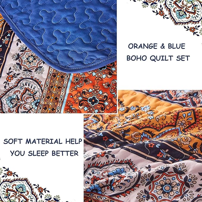 WONGS BEDDING Boho Fall Quilt Full Size, 3 Pieces Orange Blue Bohemian - Image 5