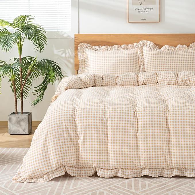 Gingham Duvet Cover Queen Size, 3 Pieces Soft Breathable Microfiber Plaid by Kisswish