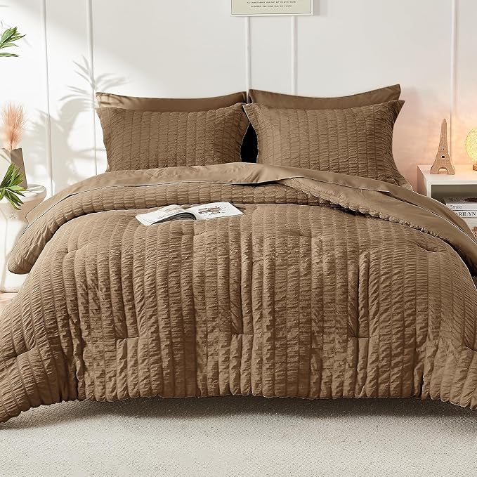 HYMOKEGE Brown King Size Comforter Set Seersucker 7 Pieces, All Season Luxury - Image 9