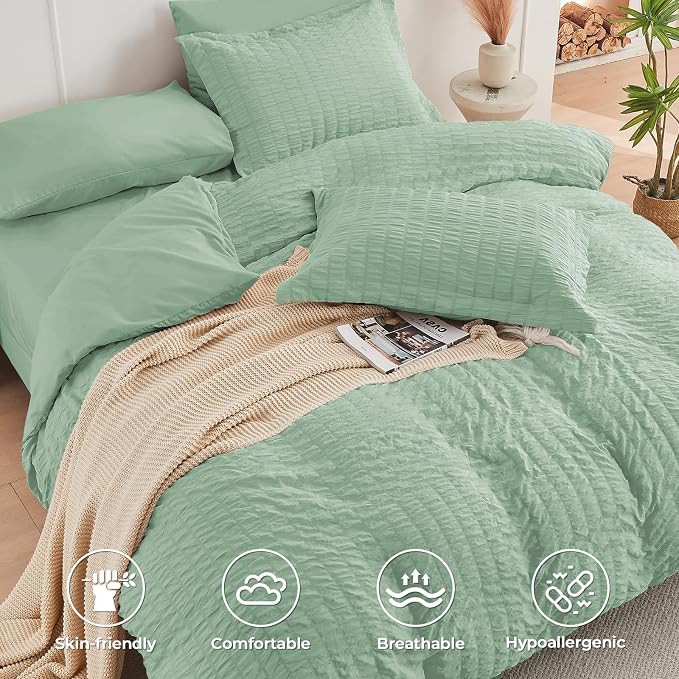 HYMOKEGE Sage Green King Size Comforter Set Seersucker 7 Pieces, All Season - Image 3