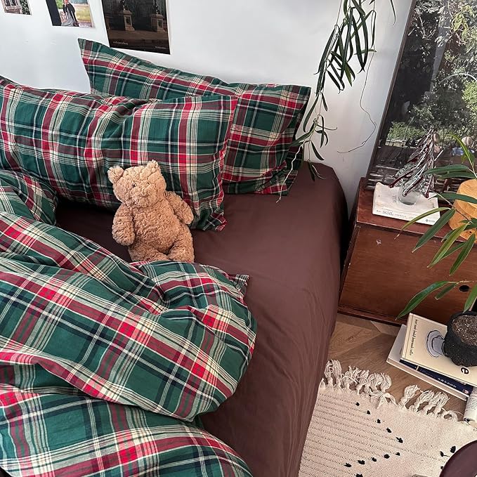 mixinni Vintage Green Buffalo Plaid Washed Cotton Duvet Cover Queen - Image 4