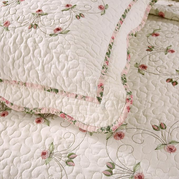 Quilt Set Floral Leaves 3D Embroidery Pattern 3 PCS Cotton Reversible Quilted - Image 6