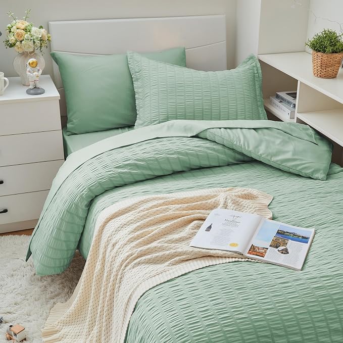 HYMOKEGE Sage Green Twin XL Comforter Set Seersucker 5 Pieces, All Season - Image 2