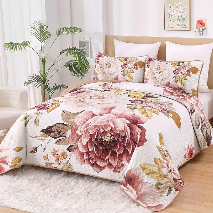 WONGS BEDDING Blush Floral Quilt Set Queen, Elegant Flower Bedspread Coverlet - Image 3