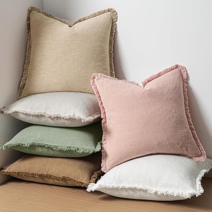 MIULEE Decorative Throw Pillow Covers Neutral Linen Fringe Throw Pillows Set of - Image 6