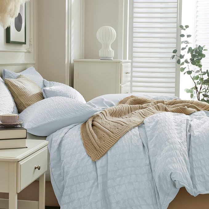JELLYMONI Baby Blue Duvet Cover King Size, Soft Breathable Seersucker Duvet - Image 7