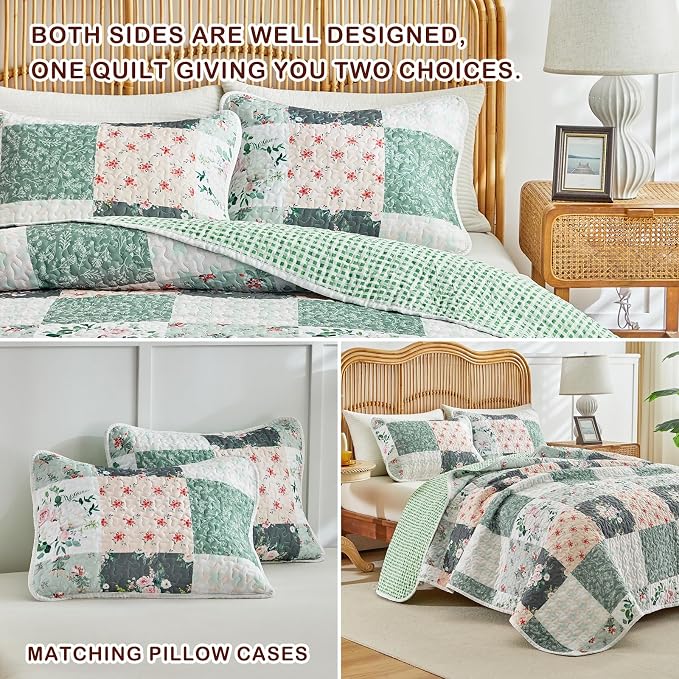 Joyreap 3 Pieces Floral Patchwork Quilt Set Queen, Soft n Cozy Microfiber Quilt - Image 5