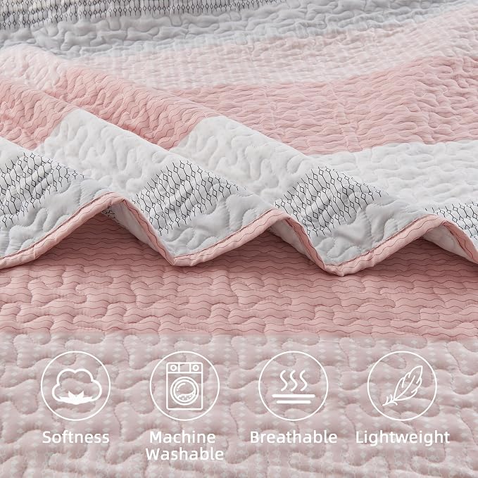 Andency Pink Quilt Queen, 3 Pieces Patchwork Striped Bedspread Coverlet Set - Image 5