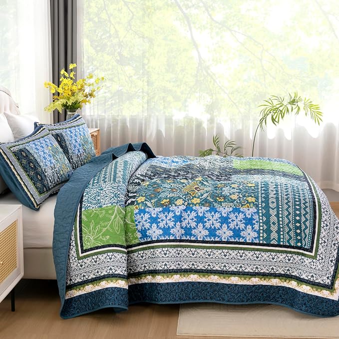 WONGS BEDDING Teal Quilt King Size, 3 Pieces Boho Patchwork Quilt Soft Coverlet - Image 3
