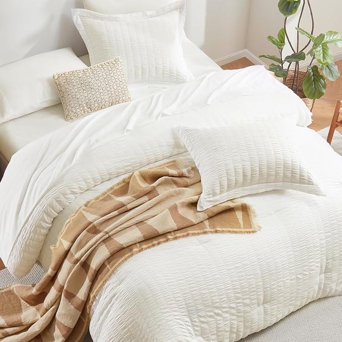 CozyLux Queen Comforter Set Ivory Seersucker 7 Pieces Bed in a Bag Queen - Image 4