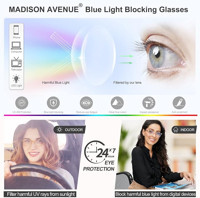 Madison Avenue Blue Light Blocking Glasses Anti Eyestrain UV Glare Blue Light - Image 3