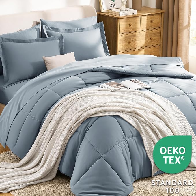 CozyLux Queen Comforter Set Grayish Blue, 7 Pieces Bed in a Bag Queen, All - Image 3