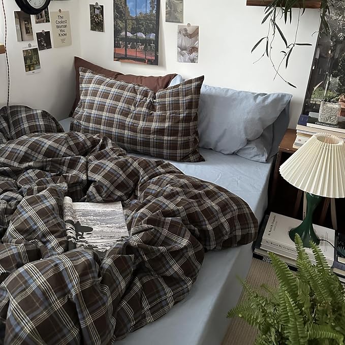 mixinni Vintage Brown & Blue Buffalo Plaid Duvet Cover Set Twin XL Size - Image 7