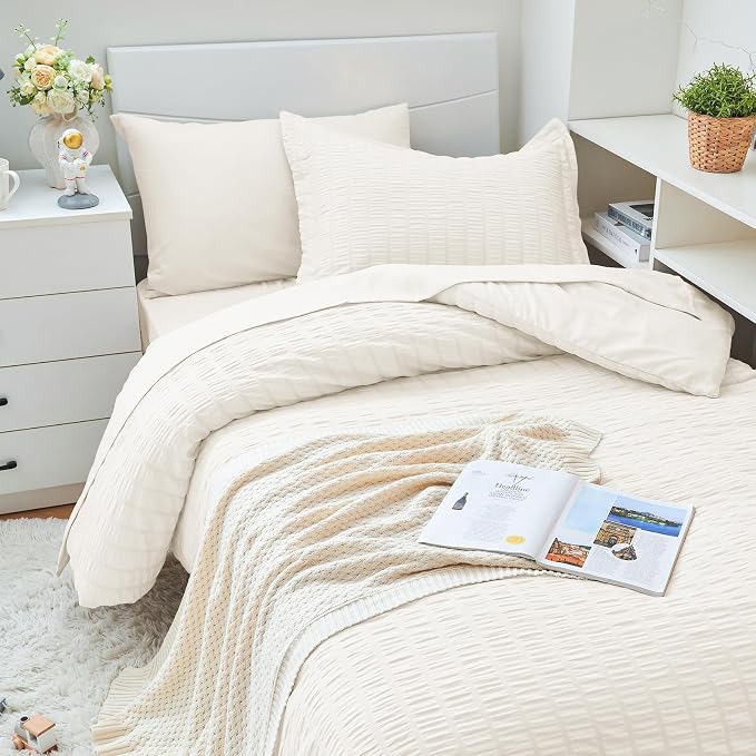 HYMOKEGE Ivory Twin XL Comforter Set Seersucker 5 Pieces, All Season Luxury Bed - Image 2