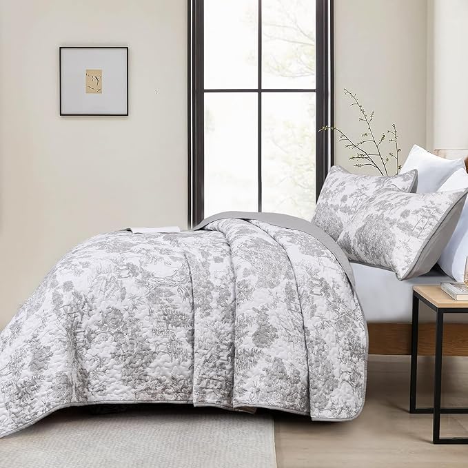 WONGS BEDDING Grey Quilt Set Twin Size, 2 Pieces Botanical Bedspreads Set - Image 3