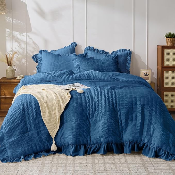 JOLLYVOGUE Teal Comforter Full Size, 3 Pieces Seersucker Lightweight Full Size by JOLLYVOGUE